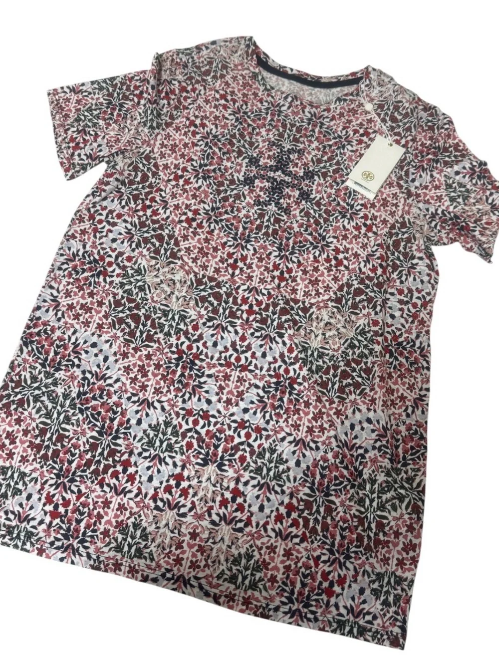 Tory Burch Kids Floral Short Sleeve Tee in Red, Green & Blue